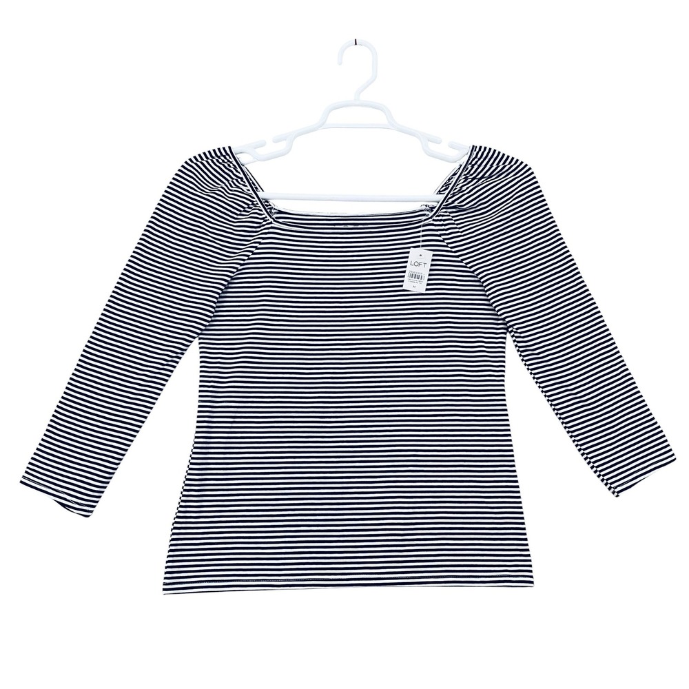 LOFT Womens Navy White Striped Square Neck Puff Sleeve 3/4 Sleeve Top Size M NEW